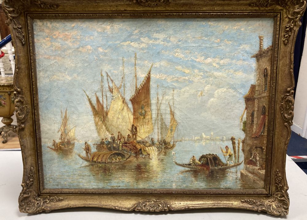 William George Meadows (c1825-1901), View of Venice from the Lagoon with boats in the foreground, 44cm x 60cm